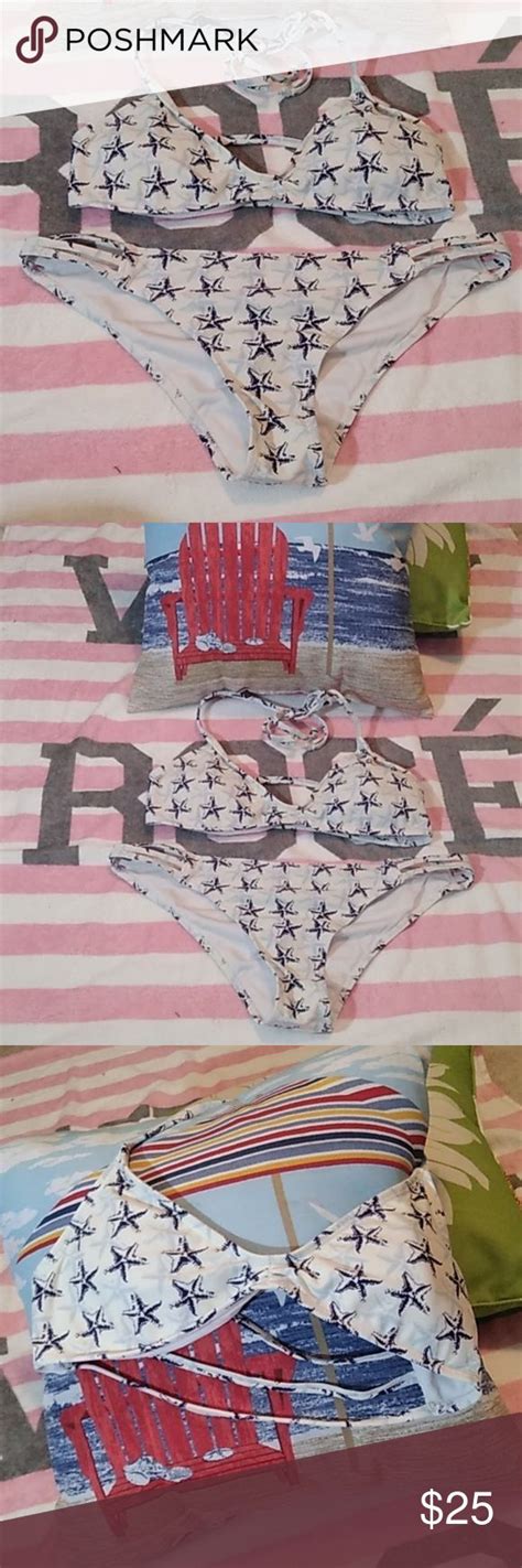 Island Love Starfish Bikini Medium Blue White Blue And White Bikinis Medium Blue