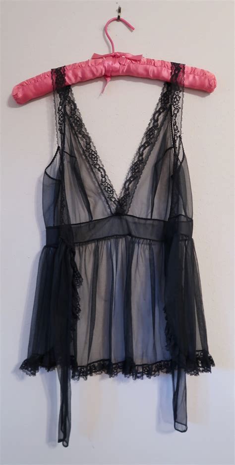 Vintage 70 S Black Lace Lingerie Sheer Backless Babydoll Tie Back Deep V Neck Romantic Sexy