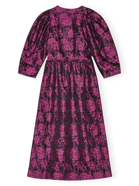 Ganni Botanical Jacquard Puff Sleeves Midi Dress Pink Farfetch