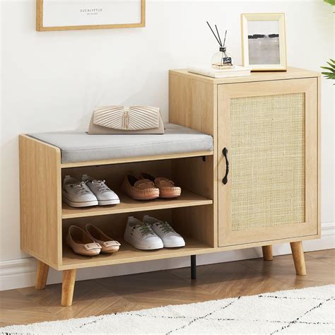 Amazon IDEALHOUSE 2 In 1 Shoe Storage Bench Natural Rattan Shoe