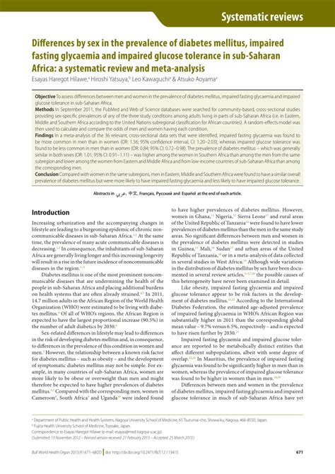 PDF Differences By Sex In The Prevalence Of Diabetes Mellitus Impaired Fasting Glycaemia And
