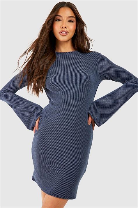 Washed Rib Flare Sleeve Mini Dress Boohoo Uk