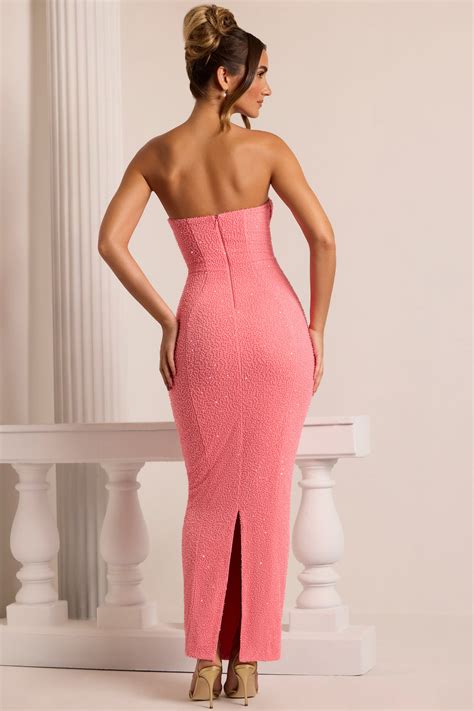 Palermo Embellished Bandeau Cowl Neck Maxi Dress In Coral Oh Polly