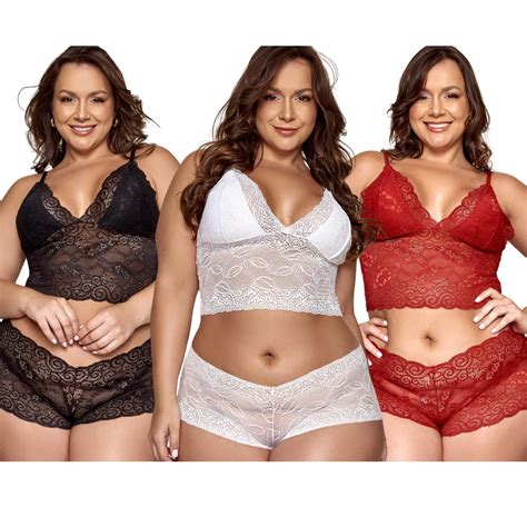 Kit Conjunto Lingerie Renda Espera Marido Sensual Plus Size Cropped E Calcinha Shorts Sexy