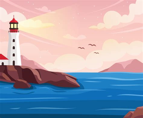 Calm Sea On Sunset With Lighthouse Vector Art Graphics Freevector