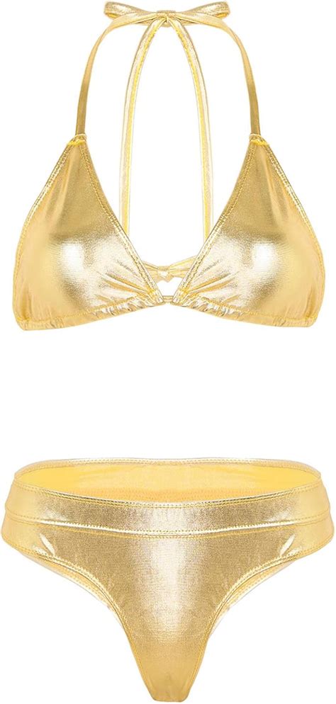 Alvivi Damen Bikini Tankini Set Glänzend Wetlook Push Up Bikini Tops mit Tanga Triangel Dessous