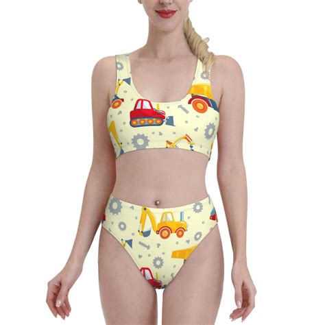 Fotbe Women S Heavy Equipment Print Bikini High Waisted Swimsuit Two Piece Bathing Suit Swimming