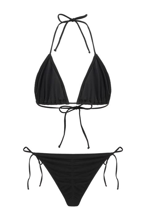 Siyah Dokulu Büzgülü Üçgen Bikini Takım