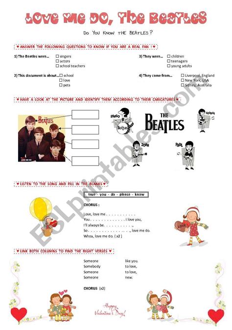 Love Me Do The Beatles Esl Worksheet By Krysstl