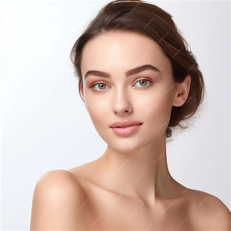 Premium Ai Image A Woman With Brown Hair And A Bare Shoulders Looks Into The Camera