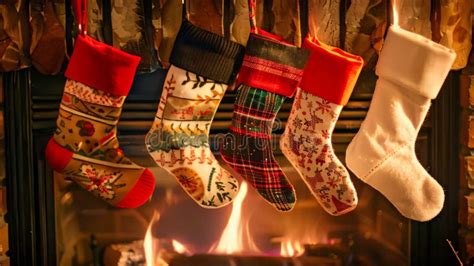 Christmas Stockings Hanging from Fireplace Mantel in Log Cabin Stock ...