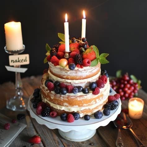Delicious Naked Cake With Fresh Berries And Candles Premium AI Generated Image