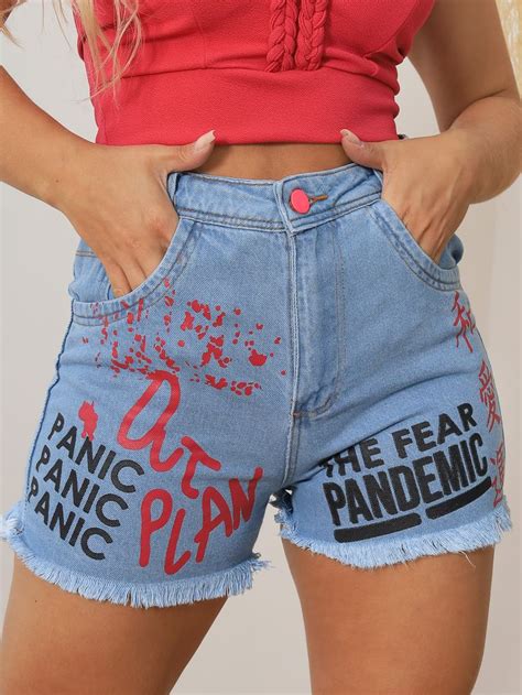 Short Jeans Feminino Hot Pants Desfiado Letter Cintura Alta Letras Desenho Peg Vest Denim