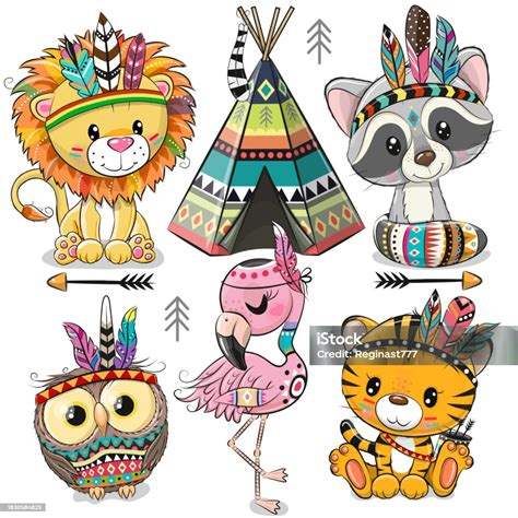 Ilustración De Animales Tribales De Dibujos Animados Con Plumas