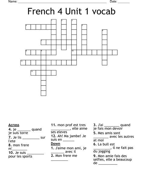 French 4 Unit 1 Vocab Crossword Wordmint