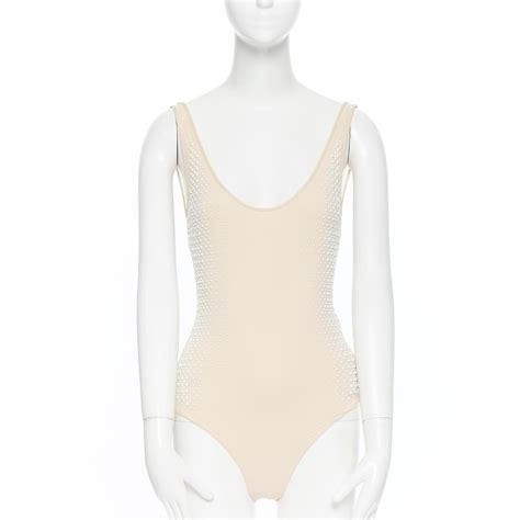 New LA PERLA Cream Nude White Pearl Bead Embellished Mesh Monokini IT B S For Sale At StDibs