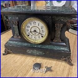 Antique Seth Thomas Mantle Shelf Clock Single Column Black Brass Lions