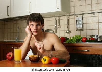 Man Naked Torso Apron Sits Table Stock Photo Shutterstock