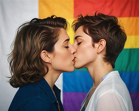 Lesbian Couple Kissing With Lgbt Pride Flag Background Premium Ai Generated Image