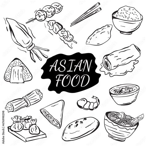 Asian Food Menu Design Template Engraved Elements Asian Cuisine Sketch Collection Hand Drawn