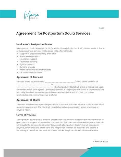 Postpartum Doula Contract And Agreement Template Mama Did It