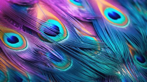 A close-up of peacock feathers, their iridescent colors and patterns ...