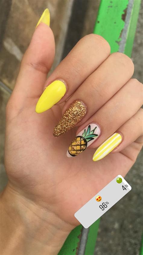 Yellow Long Pineapple Nails With Glitter For Summer Pineapple Nails