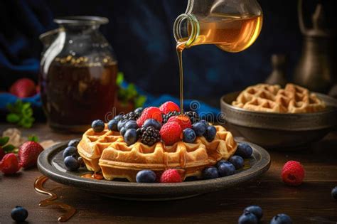 Honey Or Caramel Pouring From Jar On A Freshmade Waffles With