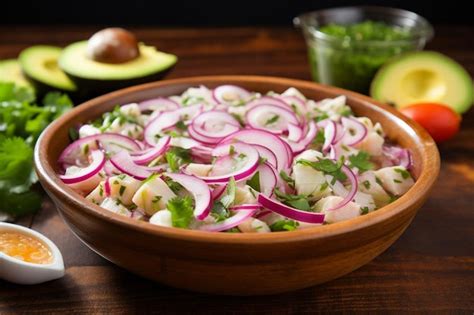 Ceviche With Red Onion And Avocado Premium Ai Generated Image