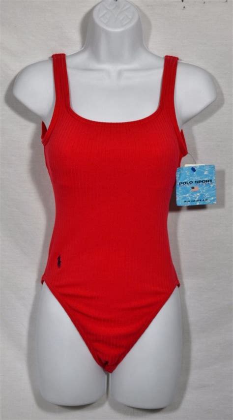 Polo Sport Ralph Lauren New Nwt Nos Red Ribbed One Piece Swimsuit 8 Logo Usa One Piece