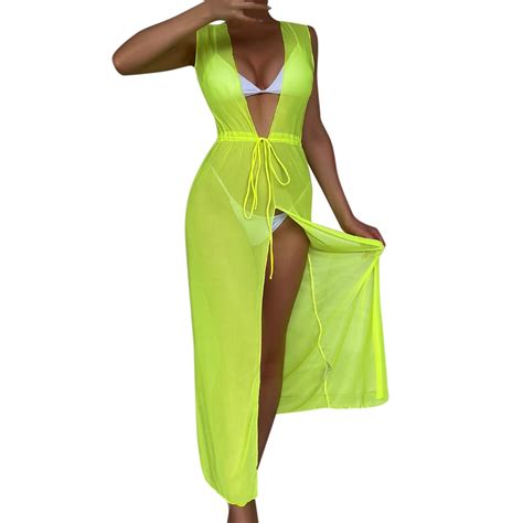 Swimsuit Coverup For Women Plus Size Bikini Drawstring Waist Knot Mesh Without Lingerie V Neck