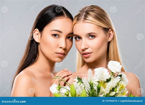 Blonde And Asian Brunette Naked Girls With Flowers On Grey Stock Photo Image Of Flora Asian
