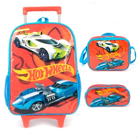 Kit Mochila Hot Wheels De Rodinha Lancheira Estojo Infantil Luxcel
