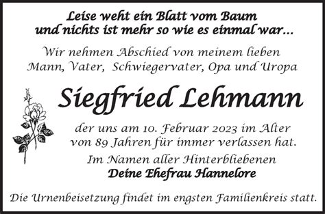 Traueranzeigen von Siegfried Lehmann Märkische Onlinezeitung Trauerportal