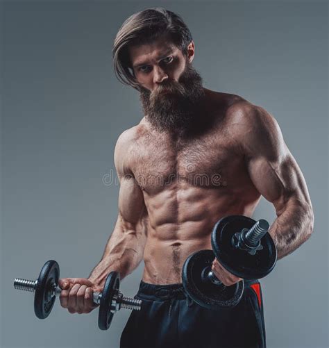 Angry Athlete With Muscular And Naked Body Holding Dumbells Stock Image Image Of Naked