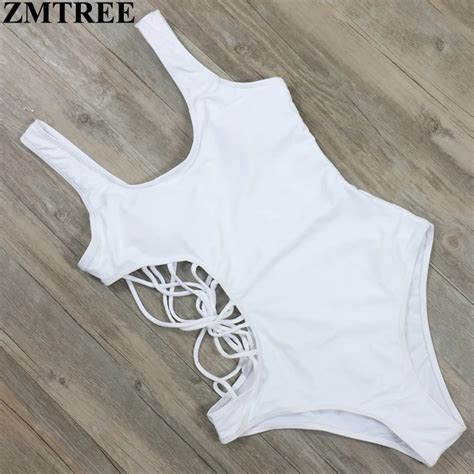 ZMTREE 2017 New White Side Mesh Monokini Hot Sexy Hollow Out Women Swimwear Side Cut Bathing