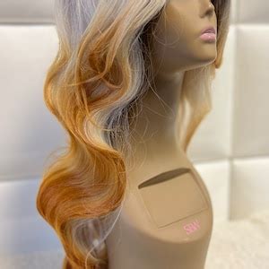 YELLOW PLATINUM BLONDE Dark Roots Lace Part Wig Multicolor Chunky Highlights Baby Hair Long