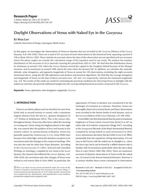 PDF Daylight Observations Of Venus With Naked Eye In The Goryeosa