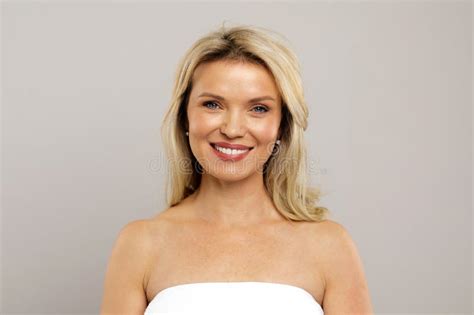 Portrait Of Smiling Middle Aged Blonde Woman With Smooth Straight Hair Stock Image Image Of