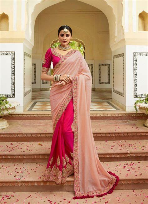 Blush Pink Half N Half Silk Indian Wedding Wear Saree 5003