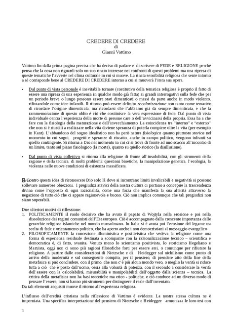 Riassunto Dettagliato Del Saggio Credere Di Credere Di Gianni Vattimo Appunti Di Filosofia