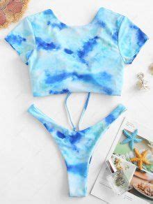 Off Zaful Tie Dye Cinched High Leg Short Sleeve Bikini Swimwear In Light Blue Zaful