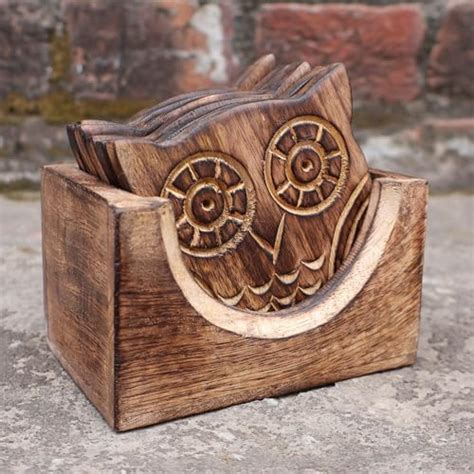 Amazon Store Indya Handmade Owl Shaped Wooden Bar Coasters With