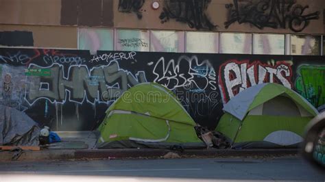 Homeless Tents Along Gritty Downtown Los Angeles Street Los Angeles