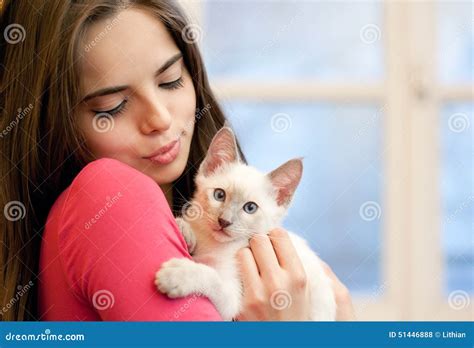 Brunette Beauty With Cute Kitten Stock Photo Image Of Cute Love