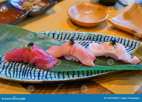 Fresh Sliced Raw Tuna Or Otoro Chutoro And Akami Sushi Sashimi Served