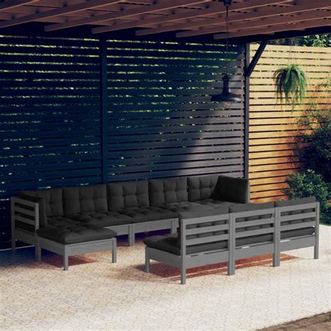 Salon De Jardin 10 Pcs Avec Coussins Gris Bois De Pin Leroy Merlin