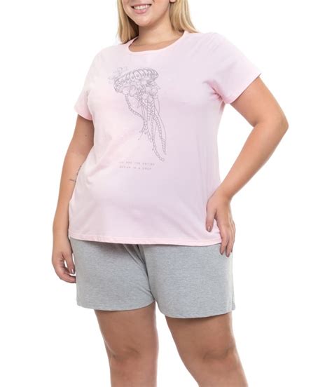Pijama Feminino Curto Água Viva Malwee Plus Size Algodão Rosa lingerie br
