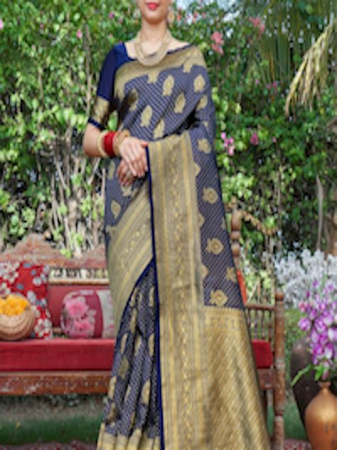 Buy Anouk Blue And Gold Toned Ethnic Motifs Woven Design Zari Banarasi