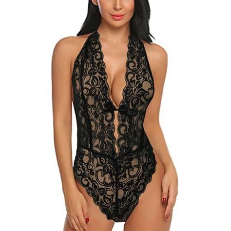 Femmes Sexy Dos Nu Lingerie Dentelle V Cou Body Halter Babydoll n40799 Noir Cdiscount Prêt à